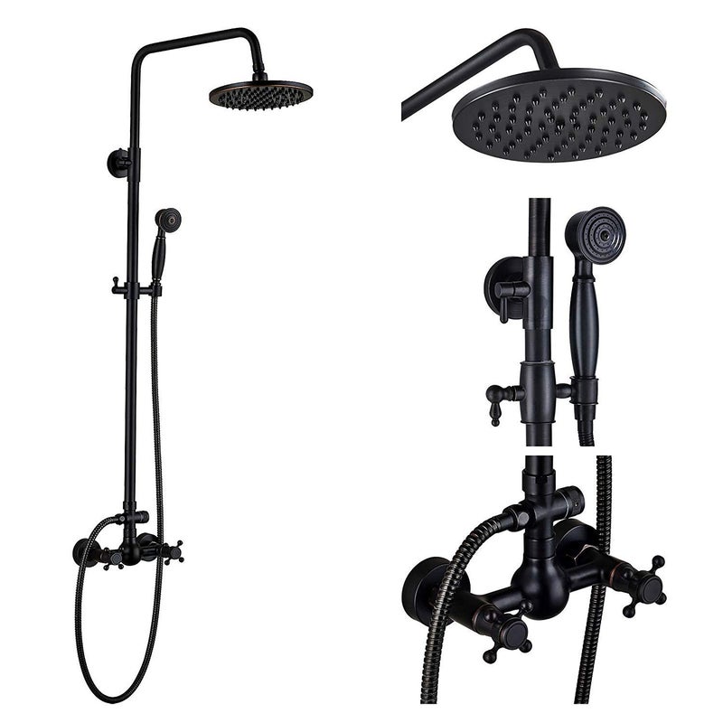 GGStudy Oil Rubbed Bronze Rain Shower System Set 2 Knobs Mixing 8 Inch Round Rainfall Shower Head with Handheld Spray Bathroom Shower Faucet - Image 1